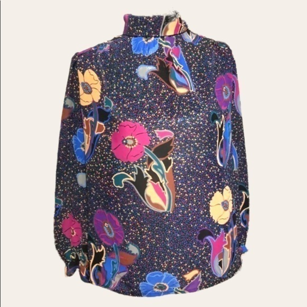 Jebb Levy‎ vintage style vibrant floral retro high neck long sleeve sheer blouse